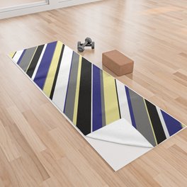 [ Thumbnail: Eye-catching Tan, Dim Gray, Midnight Blue, White, and Black Colored Pattern of Stripes Yoga Towel ]