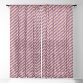 [ Thumbnail: Coral & Dark Slate Blue Colored Striped/Lined Pattern Sheer Curtain ]