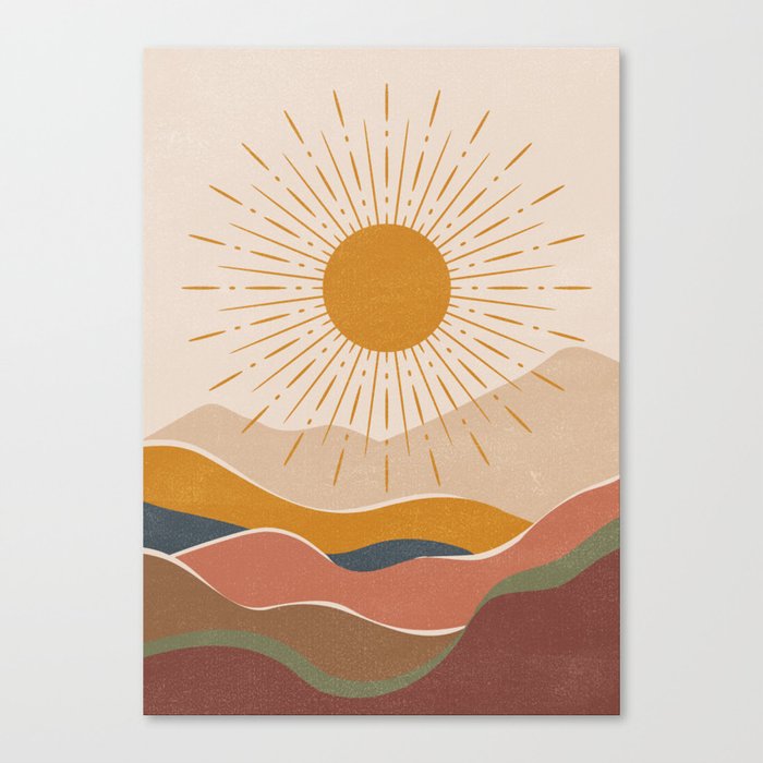 Boho sun over the mountains in nateral earth tones Canvas Print