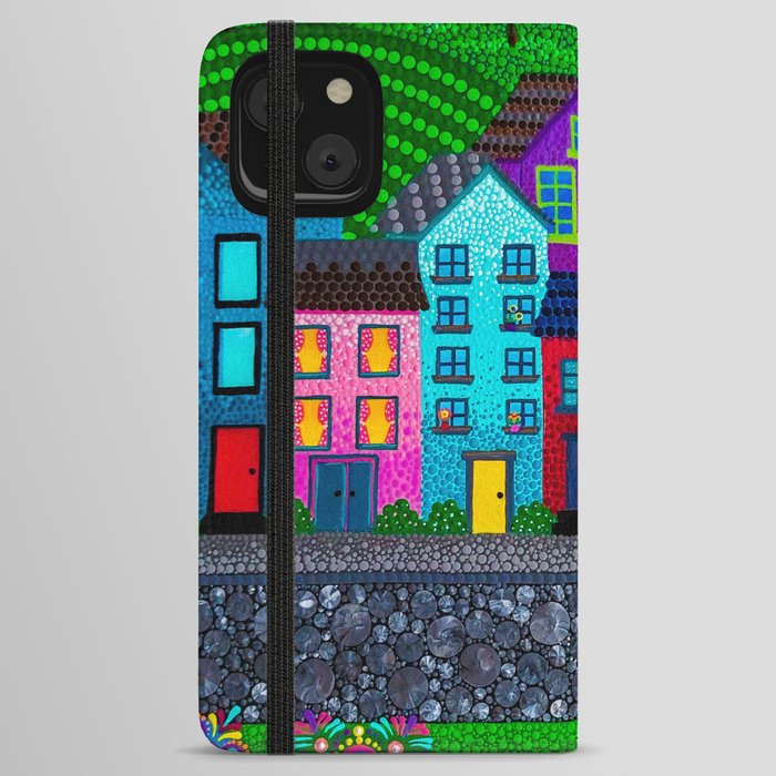 Dot Painting Colorful Village Houses, Hills, and Garden iPhone Wallet Case