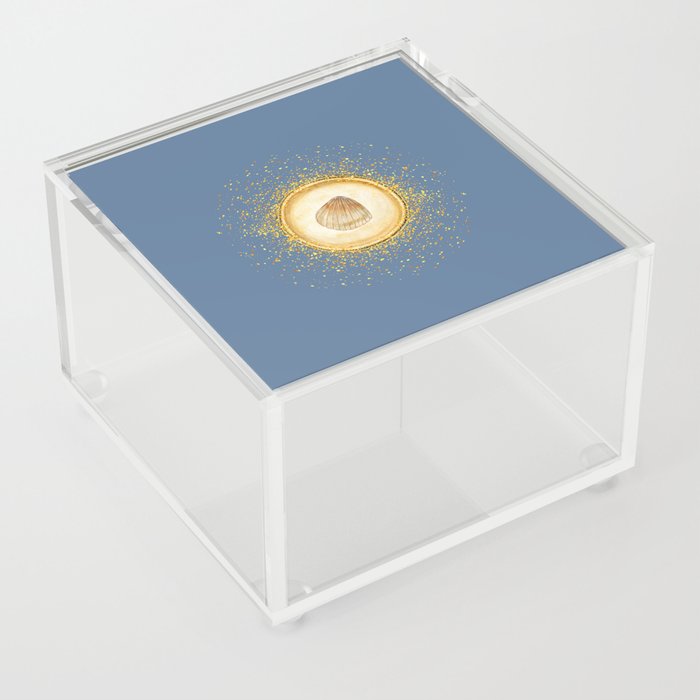 Watercolor Seashell Gold Circle Pendant on Slate Blue Acrylic Box