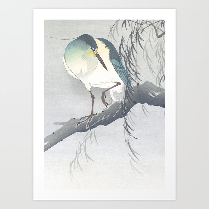Blue Heron Sitting On A Willow Tree - Vintage Japanese Woodblock Print Art By Ohara Koson Art Print