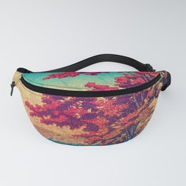 The New Year in Hisseii - Autumn Tree & Mountain by the Ocean Ukiyoe Nature Landscape in Red & Blue Fanny Pack