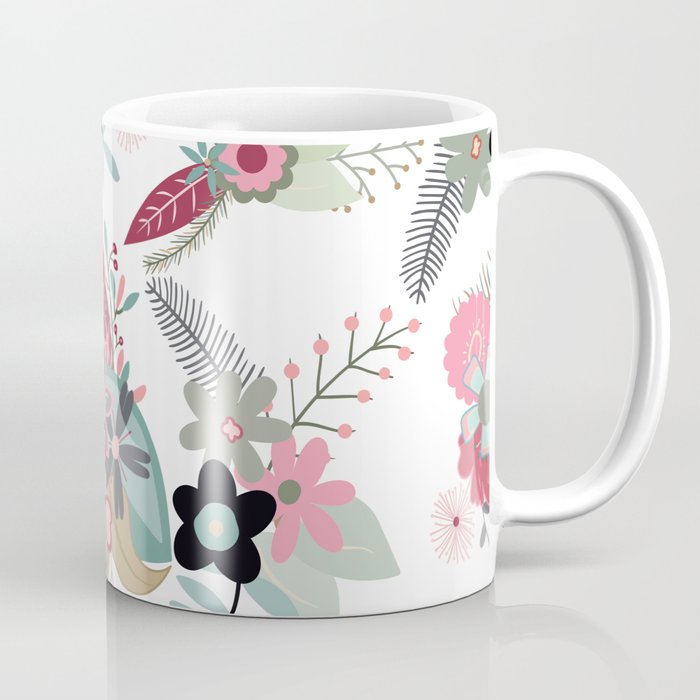 Abstract pink mint green black coral retro floral Coffee Mug