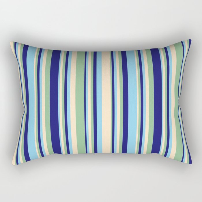 Bisque, Dark Sea Green, Midnight Blue, and Sky Blue Colored Stripes Pattern Rectangular Pillow
