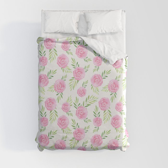 Blush pink green modern watercolor hand painted camellias Duvet Cover