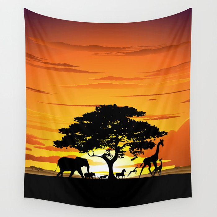 Wild Animals On African Savanna Sunset Wall Tapestry By Bluedarkatlem