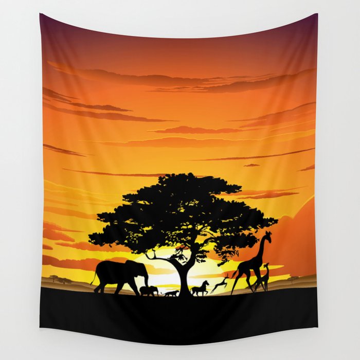 Wild Animals on African Savanna Sunset Wall Tapestry