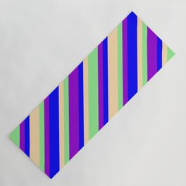 [ Thumbnail: Light Green, Dark Violet, Blue & Tan Colored Lines Pattern Yoga Mat ]
