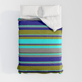 [ Thumbnail: Green, Cyan, Grey, and Dark Blue Colored Striped Pattern Comforter ]