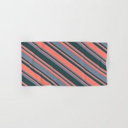 [ Thumbnail: Dark Slate Gray, Salmon & Light Slate Gray Colored Stripes/Lines Pattern Hand & Bath Towel ]