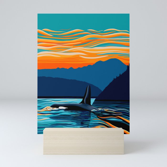 Orca into the Fire Sky Mini Art Print