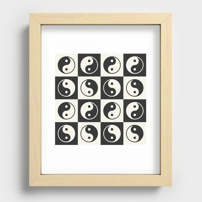 Checkered Yin Yang Pattern (Creamy Milk & Dark Charcoal Color Palette) Recessed Framed Print