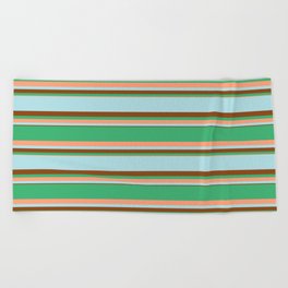 [ Thumbnail: Sea Green, Light Salmon, Powder Blue, and Brown Colored Striped/Lined Pattern Beach Towel ]