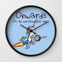 Onwards! At An Unreasonable Speed (Unicorn Riding Narwhal) Wall Clock | Narwhals, Rocket, Magical, Slow, Jezkemp, Cute, Narwhal, Fast, Unicorn, Reasonable 