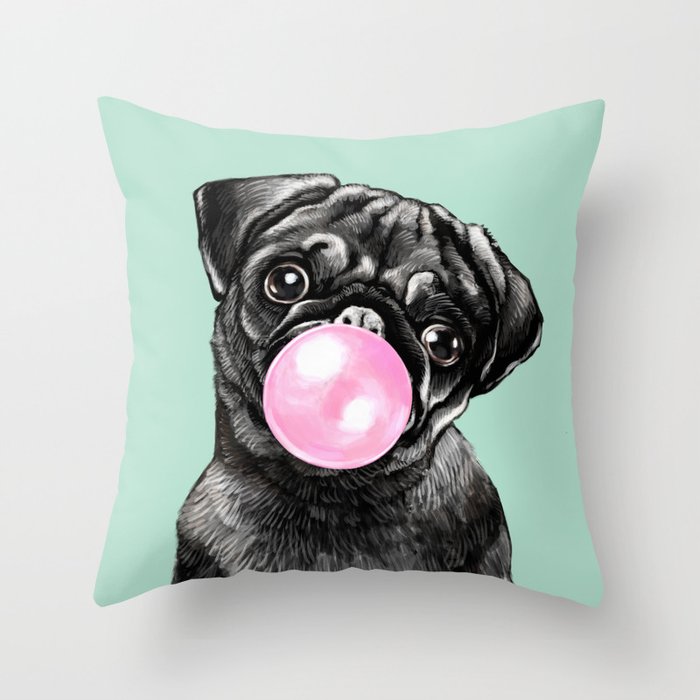 Bubble Gum Black Pug in Green Throw Pillow