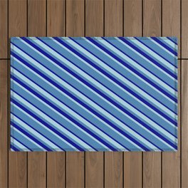 [ Thumbnail: Light Blue, Blue & Dark Blue Colored Lined/Striped Pattern Outdoor Rug ]