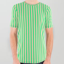 [ Thumbnail: Green & Tan Colored Lined Pattern All Over Graphic Tee ]