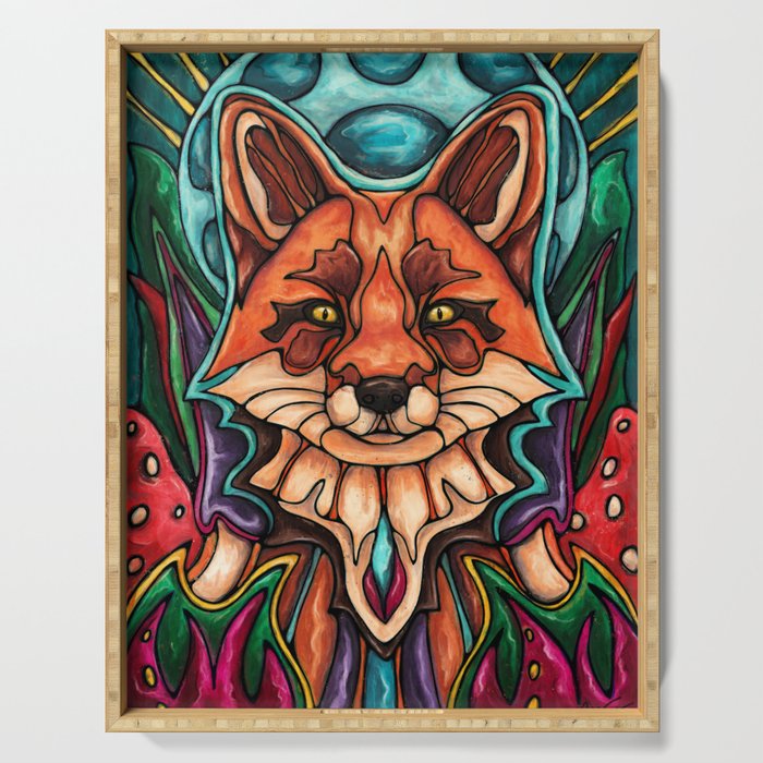 Magic red fox and moon painting, spirit animal Serving Tray