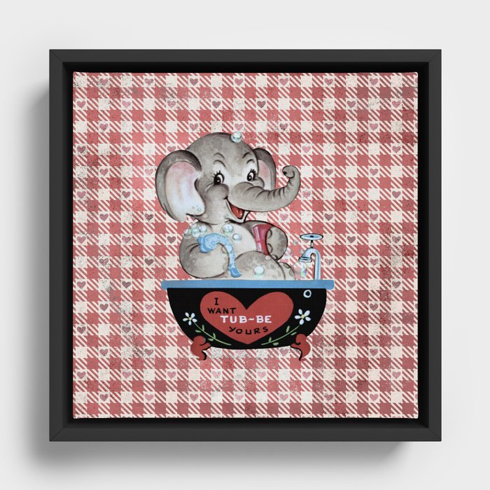Cheesy Vintage Retro Valentine's Day Elephant In Bath Tub Framed Canvas