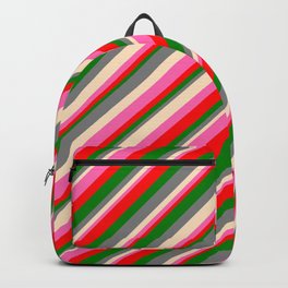 [ Thumbnail: Eye-catching Gray, Bisque, Hot Pink, Red & Green Colored Lines/Stripes Pattern Backpack ]
