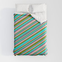 [ Thumbnail: Cyan, Slate Gray, Pink & Green Colored Lines Pattern Duvet Cover ]