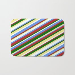 [ Thumbnail: Colorful Tan, Mint Cream, Cornflower Blue, Red, and Dark Green Colored Stripes Pattern Bath Mat ]