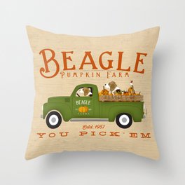 Beagle dog truck pumpkin farm vintage halloween autumn fall farm Throw Pillow