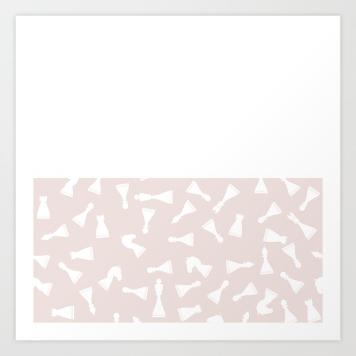 White Chess Pieces on Pale Pink and White Horizontal Split Art Print