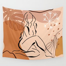 Sensual sitting woman line art, Abstract monstera leaf illustration, Organic floral background Wall Tapestry