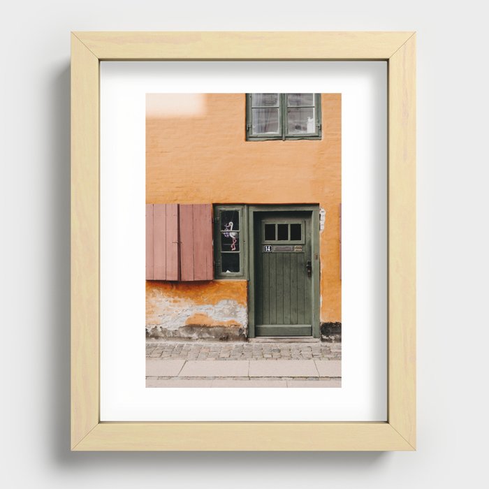 Orange and green door and window stork illustration in Copenhagen,  Denmark. Travel photography. Art print Recessed Framed Print