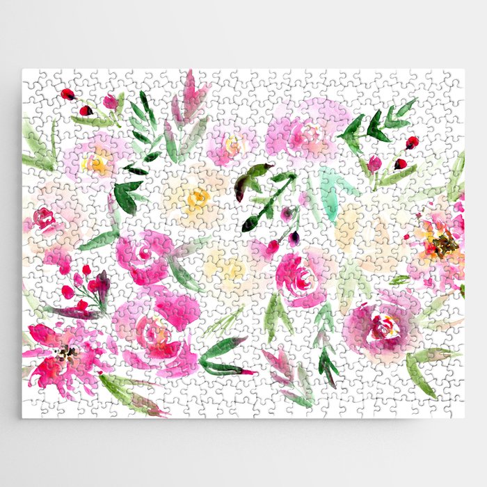 Spring in Versailles watercolor pink flowers Jigsaw Puzzle