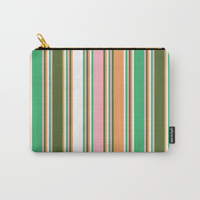 Colorful Sea Green, Light Pink, Dark Olive Green, Brown, and White Colored Lines Pattern Carry-All Pouch