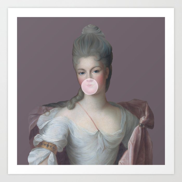 Bubble gum Diva Savoie blowing a pink bubble gum II Art Print