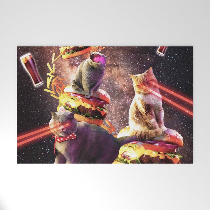 Galaxy Laser Cat On Burger - Space Cheeseburger Cats with Lazer Welcome Mat  by Random Galaxy