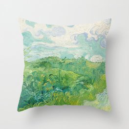 Green Wheat Field Landscape Painting Throw Pillow