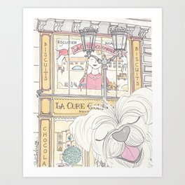 Happy Dog with French Sweets Shop  Art Print