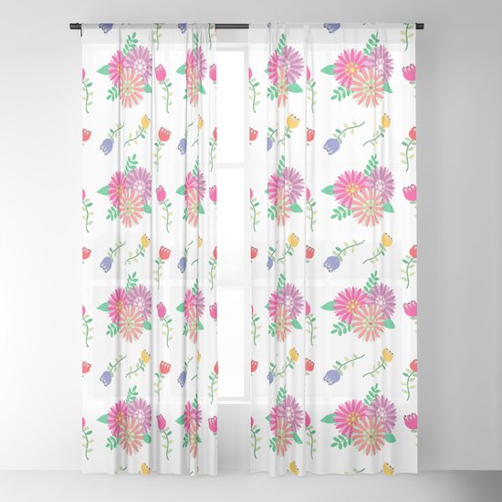 Seamless Vector Floral Pattern White Background And Pink Red Blue And Orange Flowers Sheer Curtain By Kreamstudio Society6