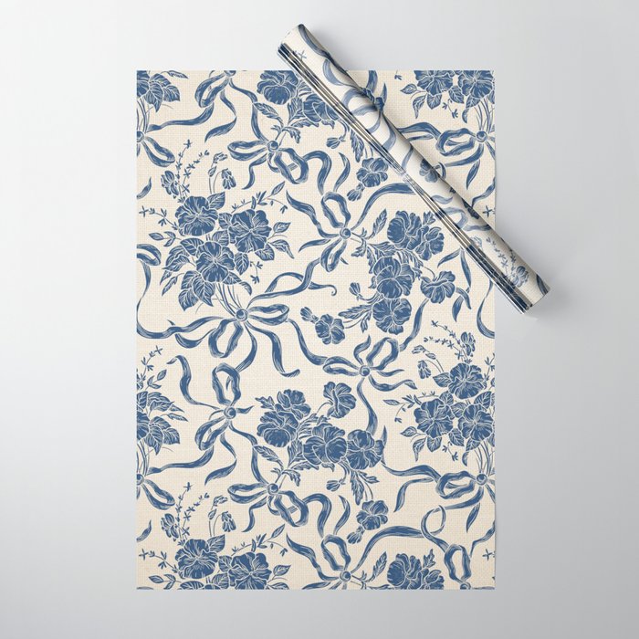 Chic Modern Vintage Ivory Navy Blue Floral Pattern Wrapping Paper