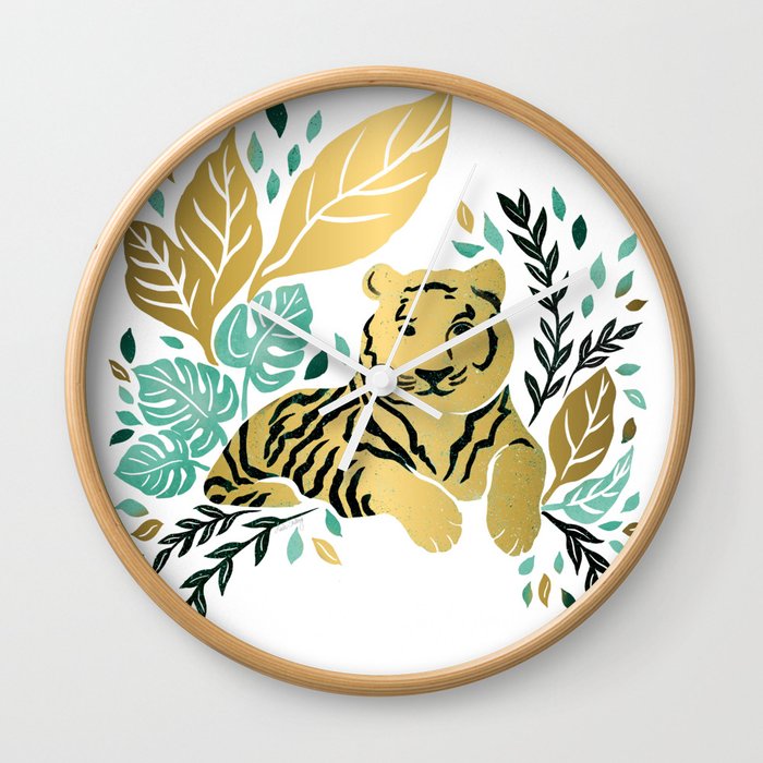 Gold and Mint Tiger in Jungle by Linda Sholberg Wall Clock