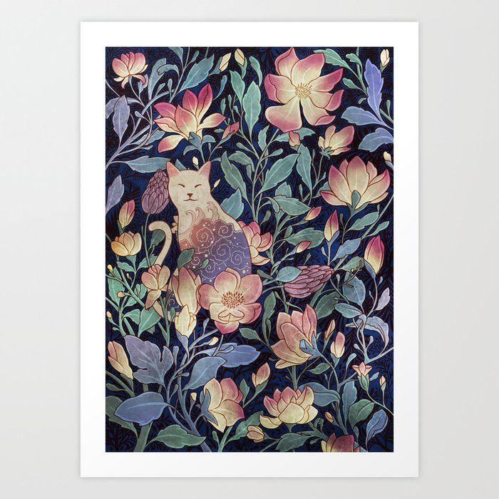 Cat and magnolia Art Print