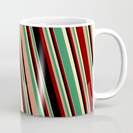 [ Thumbnail: Vibrant Pale Goldenrod, Sea Green, Dark Salmon, Maroon, and Black Colored Striped Pattern Coffee Mug ]
