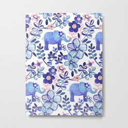 Pale Coral, White and Purple Elephant and Floral Watercolor Pattern Metal Print | Floral, Salmon, Royal, Purple, Micklyn, Pink, Watercolour, Curated, Pattern, Flowers 