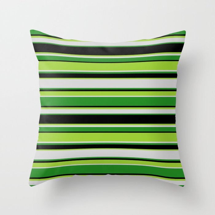 Green, Light Gray, Forest Green, and Black Colored Stripes Pattern Throw Pillow