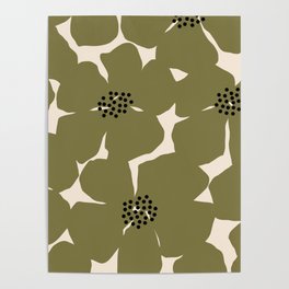 Abstract Poppy Flower Pattern - Large Floral Print - Olive Green on Beige Poster