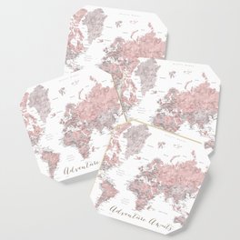 World map in dusty pink & grey watercolor, Adventure awaits Coaster