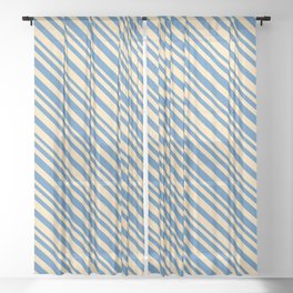 [ Thumbnail: Beige & Blue Colored Lined/Striped Pattern Sheer Curtain ]