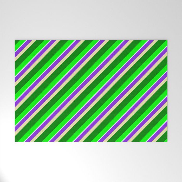 Colorful Purple, Pale Goldenrod, Green, Lime & Light Cyan Colored Stripes/Lines Pattern Welcome Mat
