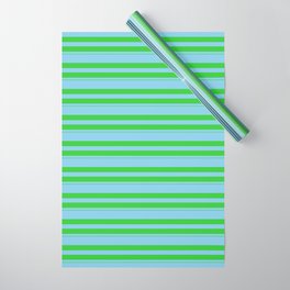 [ Thumbnail: Sky Blue & Lime Green Colored Stripes/Lines Pattern Wrapping Paper ]