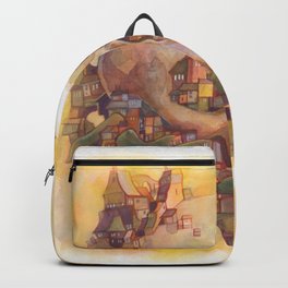 Skull City Backpack | Skull, Curated, Urban, Watercolor, Macabre, Goth, Gouache, Landscape, Gothic, Fantasy 